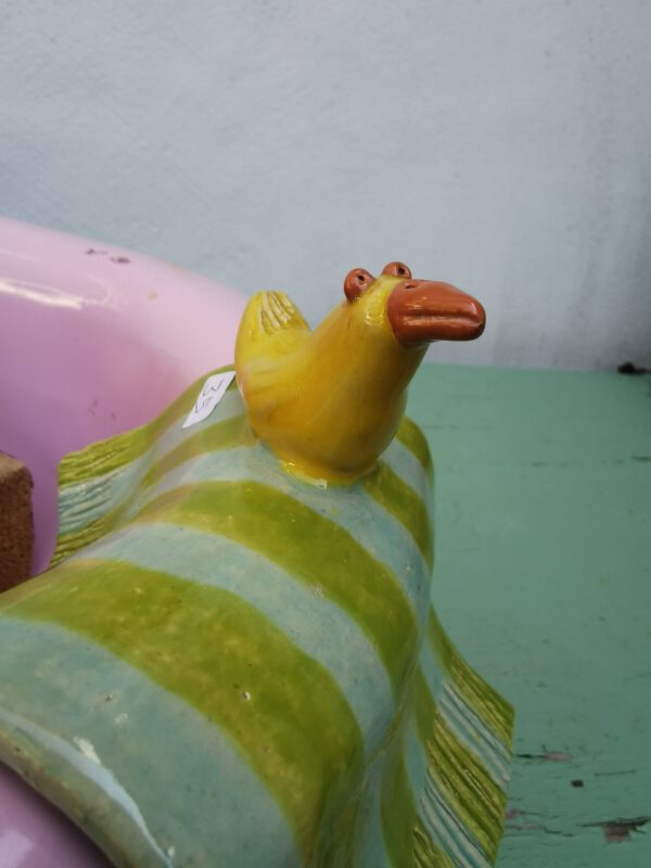 Grün blau gestreiftes Handtuch mit Ente, es passt perfekt auf einen Bidet Rand oder etwas ähnliches mit breitem Rand! Die Größe sieht man auf den Bildern.